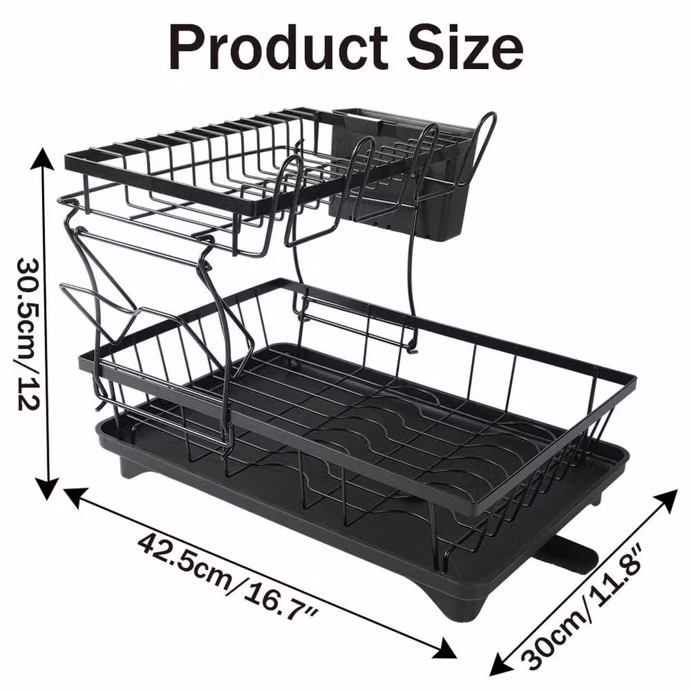 VOGREX 2 Tier Dish Drainer Rack with Cutlery and Cup Holder, Black, W/D/H: 42.5 x 30.5 x 30.5 cm – 2