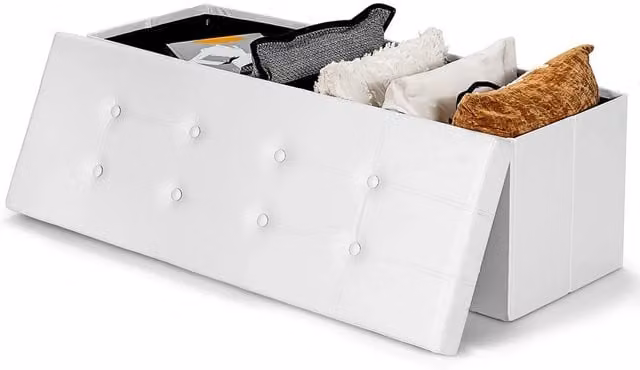 KORVIXA Foldable Storage Ottoman Bench with Divider in White Synthetic Leather
