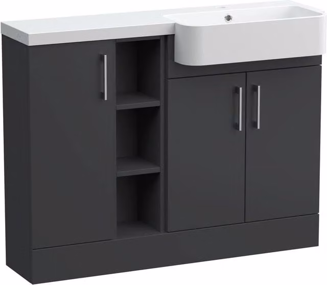 Balterley Wichnor Contemporary Floor Standing 3 Door Combination Vanity Basin Unit with Open Shelves and Polymarble Basin, Dark Grey, W: 110 cm, D: 60.75 cm, H: 85.5 cm – 1
