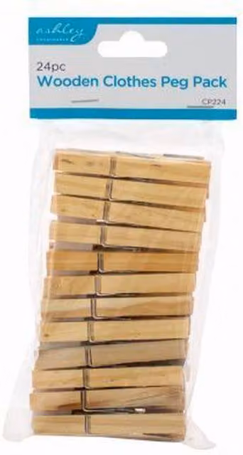 Ashley Wooden Clothes Pegs, Brown, 24 Pack, 7.5 cm