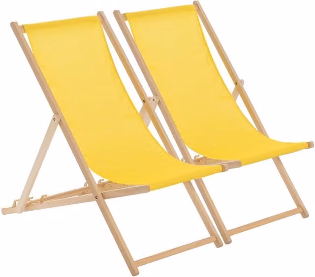 Harbour Housewares Set of 2 Yellow Wooden Folding Garden Sun Loungers with UV-Resistant Polyester Fabric