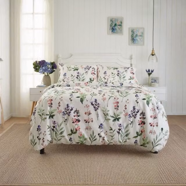 Deyongs Cottage Garden Floral Digital Print Cotton Sateen Duvet Set, White, W/D/H: 180 x 200 cm