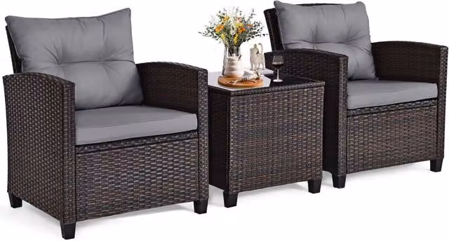 Costway 3 Piece Modern Grey Rattan Garden Furniture Set