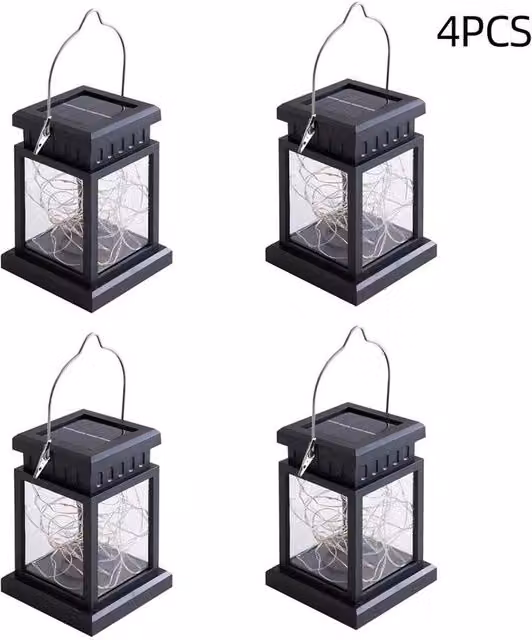 KORVIXA Set of 4 Waterproof LED Solar Hanging Lanterns in Black with Warm White Light