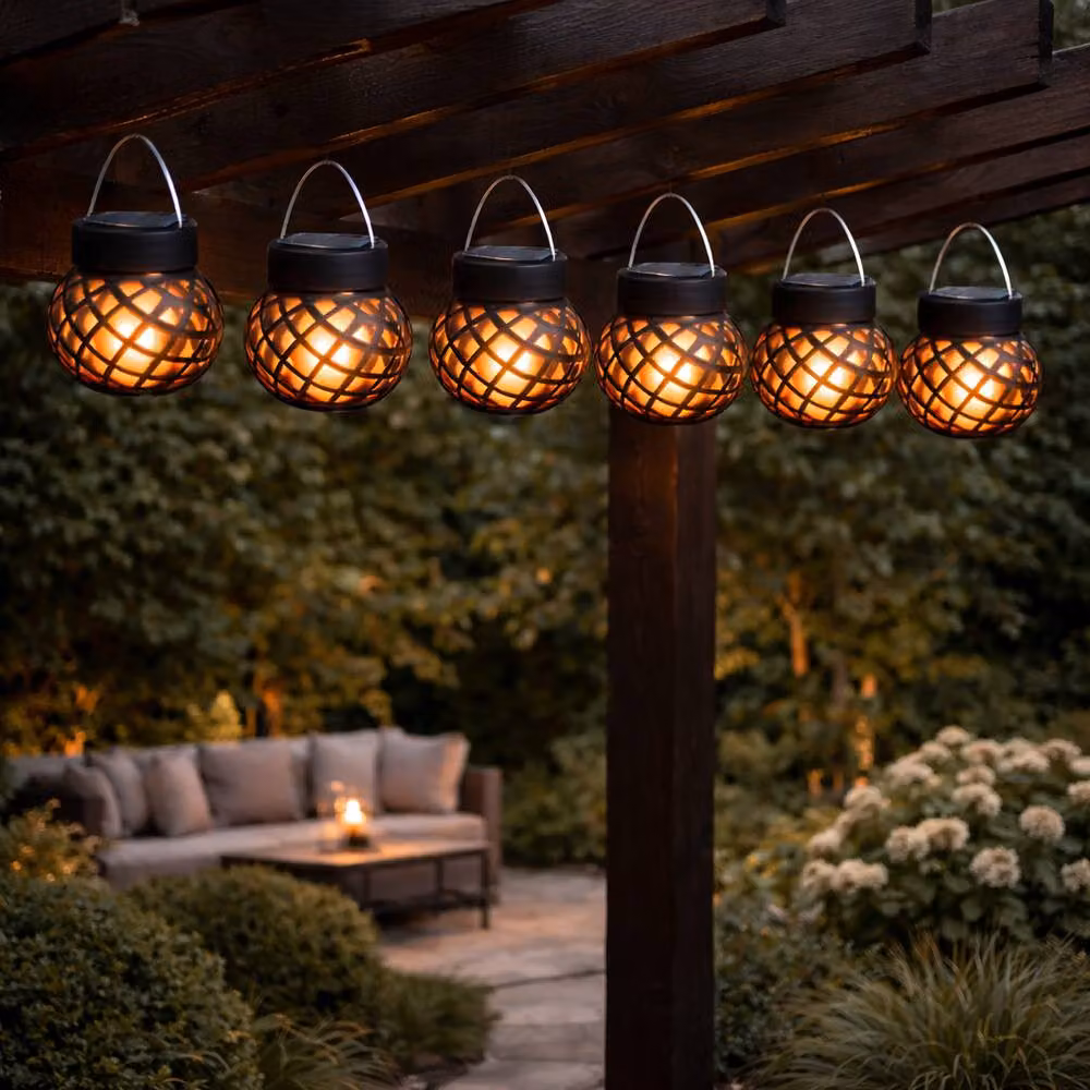 Gardenwize Set of 6 Solar Powered Hanging Dancing Flame Lantern Lights, Black, H 14cm x W 7cm x D 7cm – 2