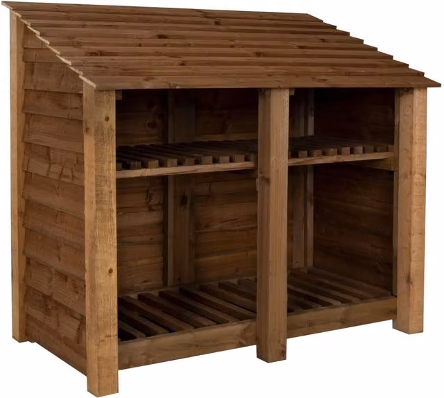 Arbor Garden Solutions Double Bay Wooden Log Store with Kindling Shelf in Brown, W/D/H: 146 x 88 x 126 cm