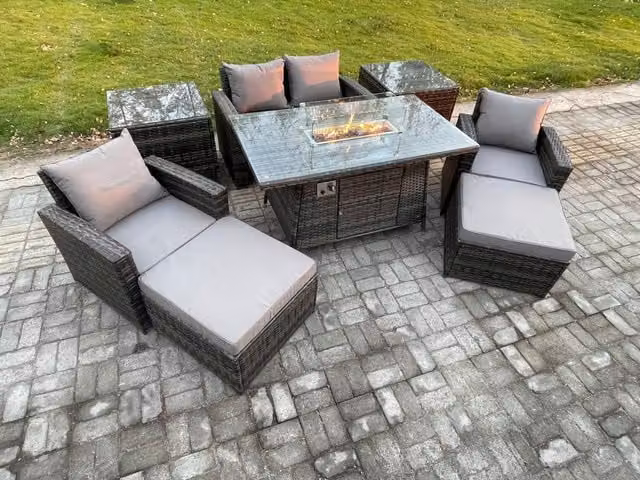 Fimous 6 Seater Rattan Outdoor Garden Dining Set with Gas Firepit Table and 2 Side Tables in Dark Grey