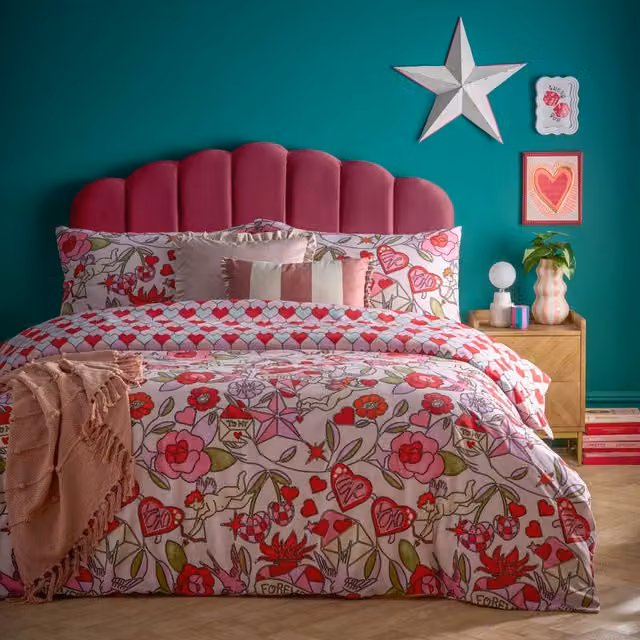 Make It A Home Glass Hearts Printed Reversible Duvet Cover Set, Pink, Single, 90 x 200 cm