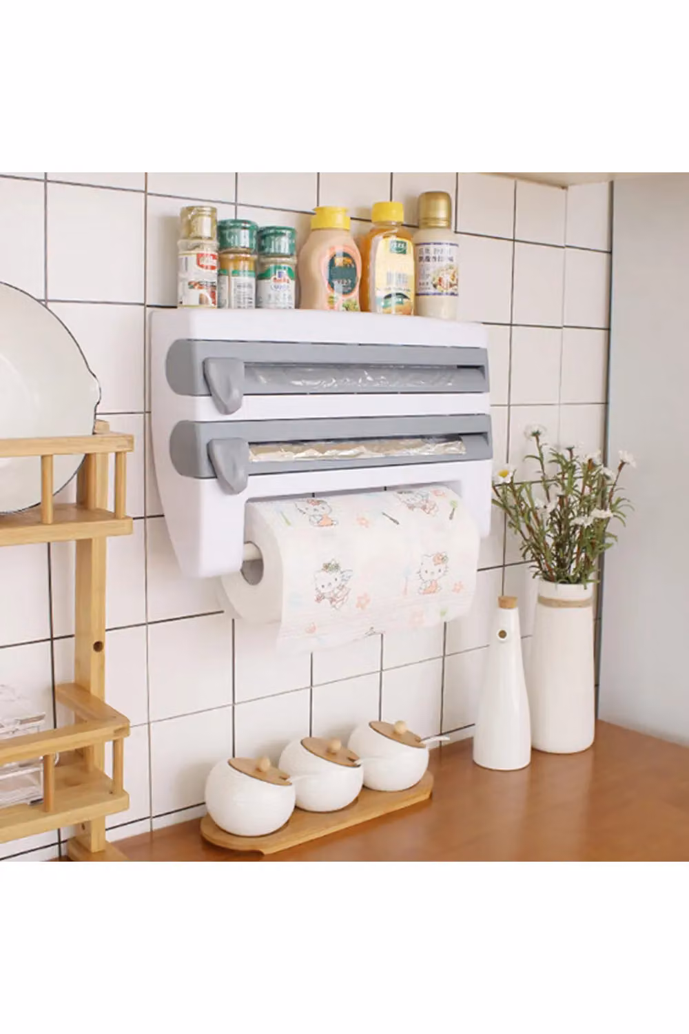 Living and Home 4-in-1 Kitchen Wrap Dispenser and Roll Holder with Spice and Towel Rack in Grey – 2