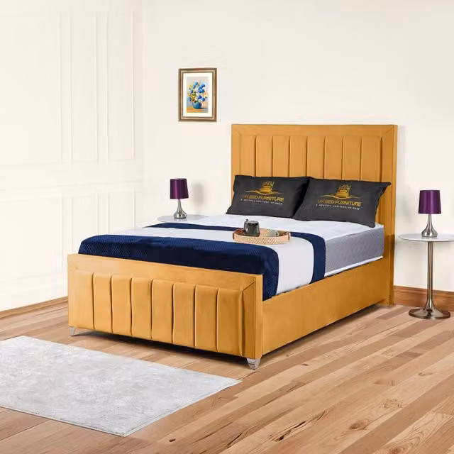 UK Bed Furniture Siarra Ottoman Gas Lift Upholstered Velvet Bed in Yellow, Size: 140 x 200 cm – 1