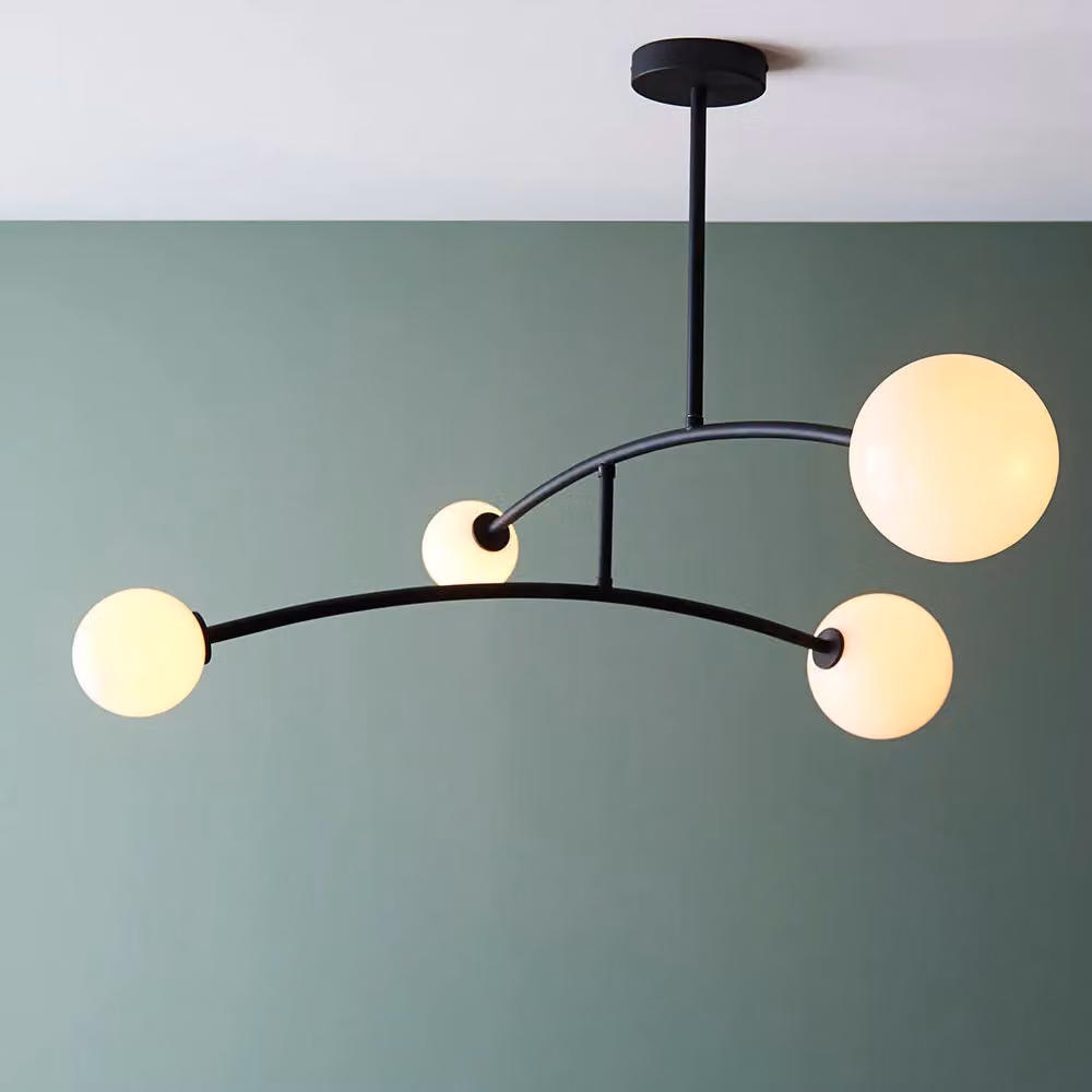 Loops Matt Black Swing Arm Ceiling Light with Transparent Glass Sphere Shades and 4 Bulb Fitting – 2