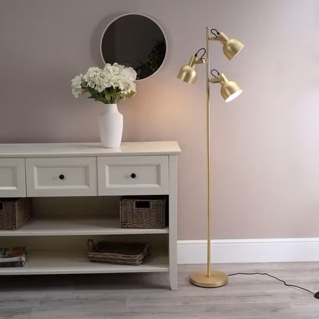 ValueLights Albie 3 Way Adjustable Directional Metal Floor Lamp in Gold/Brass – 1
