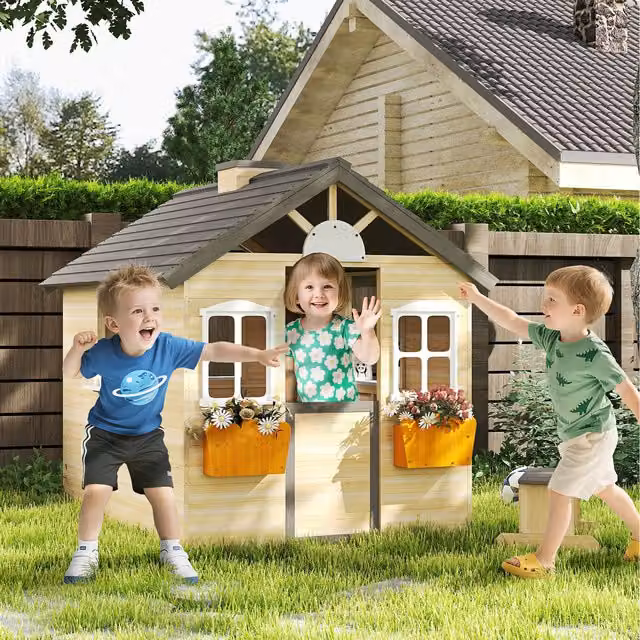 Outsunny Wooden Kids Wendy House Playhouse in Natural Wood Finish for Ages 3-7 Years