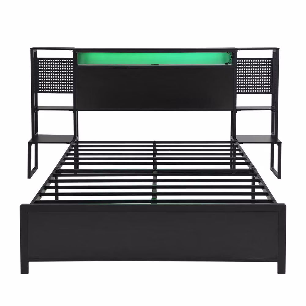 Rolipo Metal and Wood Bed in Black with LED Under-bed Lighting, USB Charging Ports and Side Shelves, W: 135 cm, L: 190 cm – 4