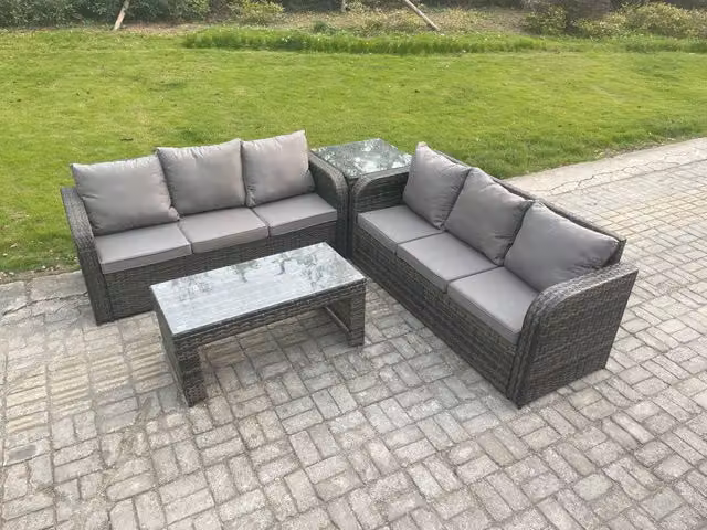Fimous 6 Seater Outdoor Rattan Garden Furniture Set with Patio Lounge Sofa, Rectangular Coffee Table and Side Table in Dark Grey