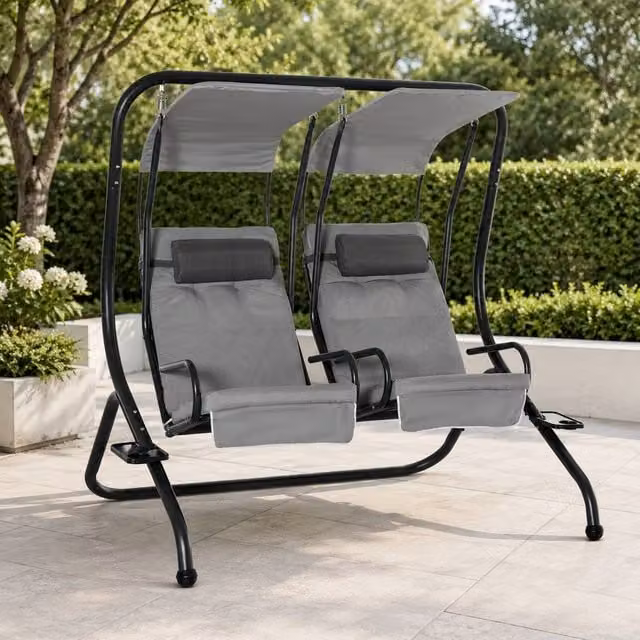 STILVORA 2-Seater Modern Garden Sofa in Grey with Powder Coated Steel Frame and Cup Holders