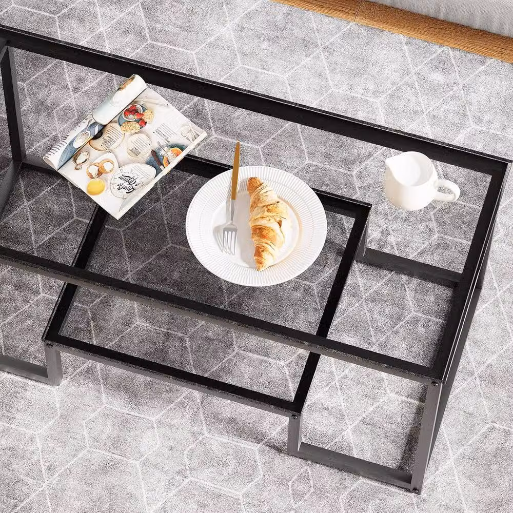 Huhote 2-Tier Modern Geometric Coffee Table with Grey Glass and Black Metal Frame, W: 100 cm, D: 48 cm, H: 45 cm – 9
