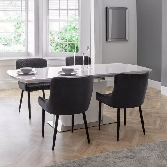 Julian Bowen Como White High Gloss Extendable Rectangular Dining Table and 4 Grey Luxe Chairs Set