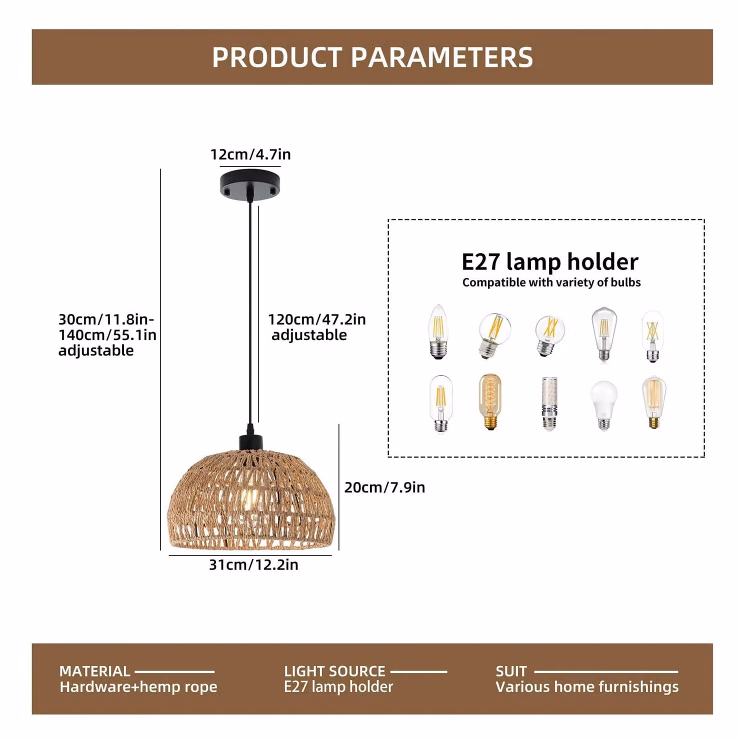 Garwarm Boho Rattan Semi Flush Mount Ceiling Light, Brown, E27, Height Adjustable – 2