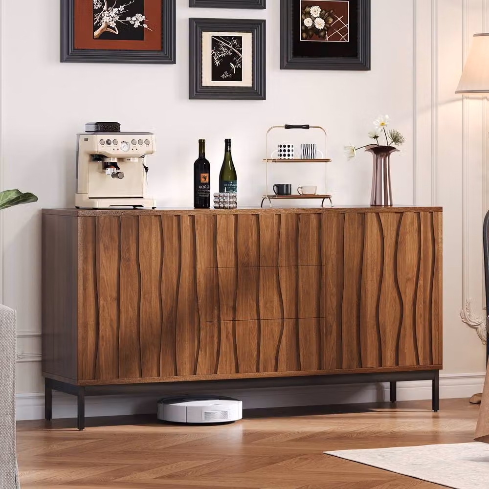 Rolipo Mid-Century Modern Dark Oak Sideboard with 3 Soft-Close Drawers in Brown and Black – 5