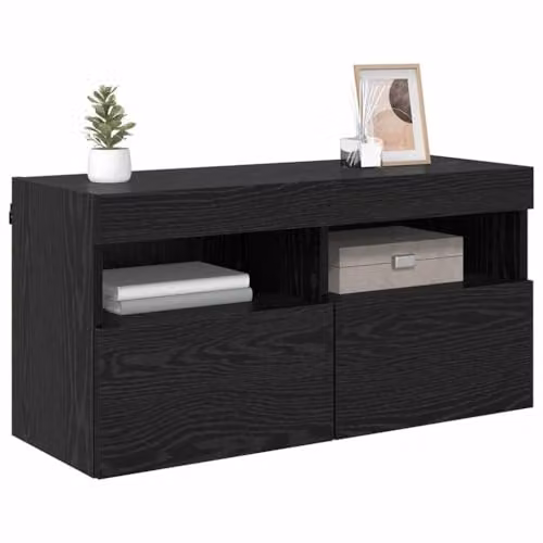vidaXL Modern Wall-Mounted TV Cabinet in Black with Integrated Lighting and Internal Shelves, W/D/H: 80 x 40 x 40 cm