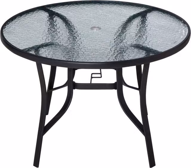 Outsunny Round Garden Dining Table with Glass Top, Black, Diameter: 106 cm