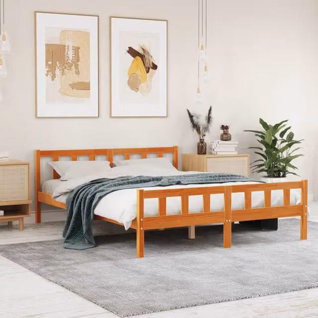 Berkfield Home King Size Solid Wood Pine Bed Frame with Headboard, Wax Brown, W: 150 cm, D: 200 cm