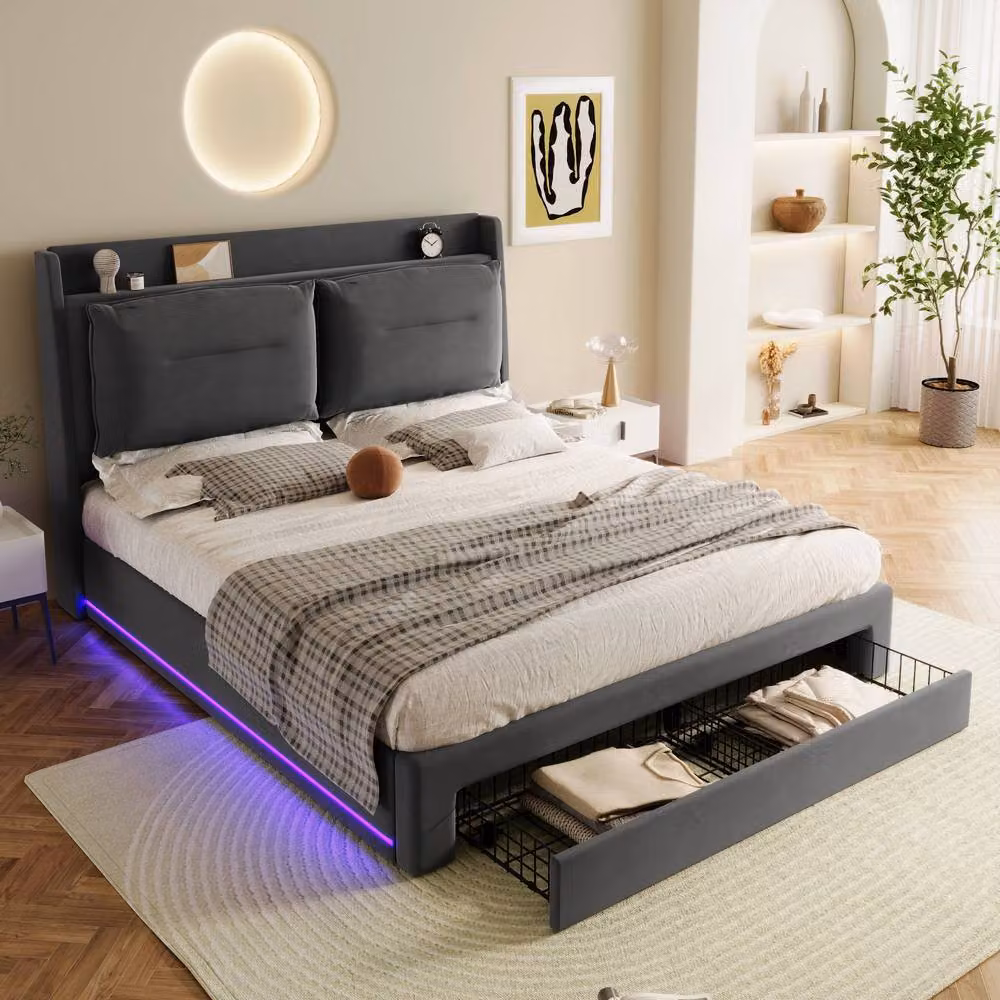 Merax Grey Velvet Double Ottoman Storage Bed with LED Under-Bed Lighting and Cushion Headboard, W/D/H: 140 x 200 x 135 cm – 4