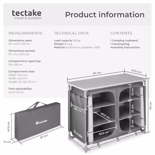 tectake Portable Camping Kitchen and Outdoor Storage Cupboard in Grey with Aluminium Frame, 6 Internal Shelves and Zipped Doors – 3
