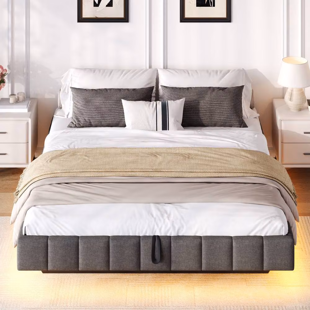 ModernLuxe Grey Upholstered Double Bed with Ottoman Storage and LED Under-Bed Lighting, W/D/H: 140 x 200 cm – 3