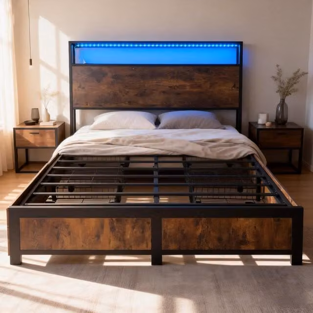 Furniture One Black Metal Bed Frame with LED Light Strip, 4 Drawers and 2 USB Charging Ports, W: 140 cm, D: 200 cm