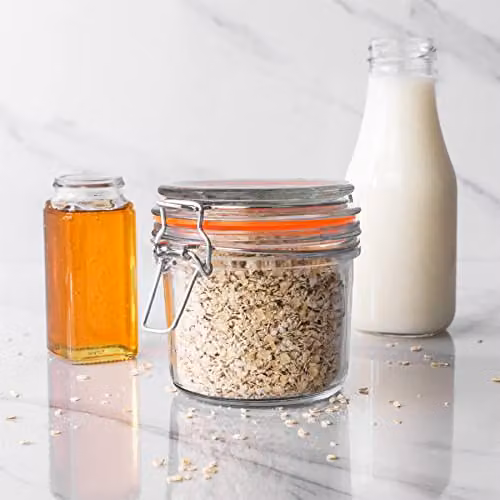 Argon Tableware Set of 6 Leakproof Glass Storage Jars with Clip Lids and Labels, 350ml, Transparent – 4