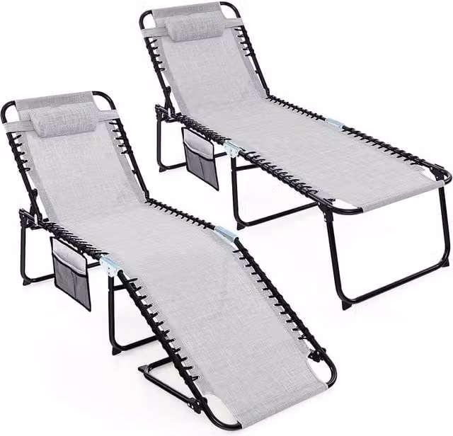 Costway Grey Folding Patio Chaise Lounge Chair with Adjustable Headrest and Textilene Fabric