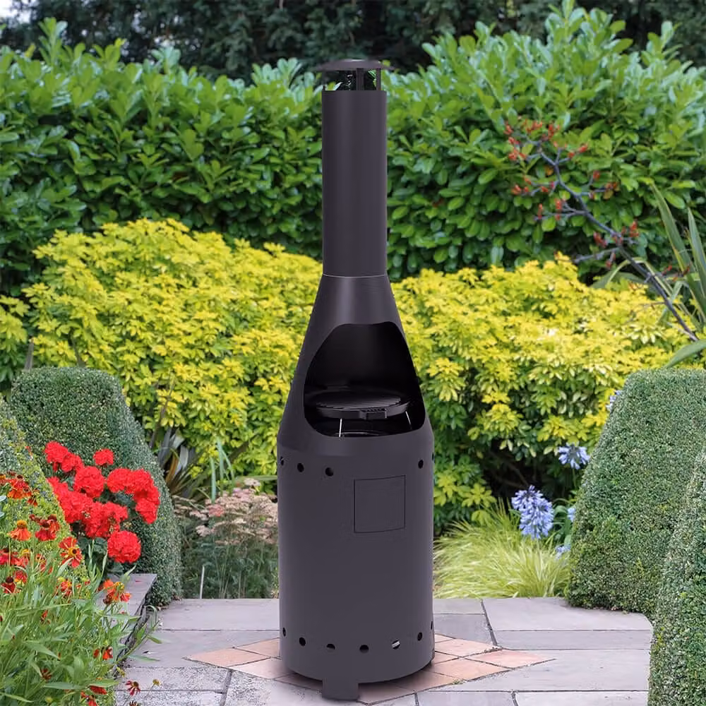 Casa Mia Alto Black Steel Gas Chiminea with Cooking Griddle