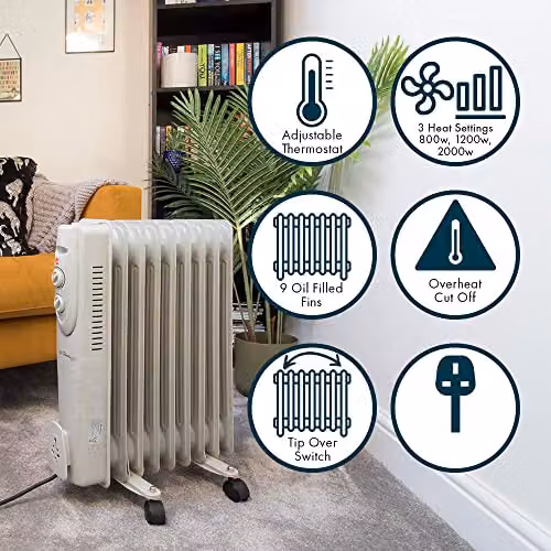 Jack Stonehouse 2000W Oil Filled Radiator, Freestanding Electric Heater with Thermostat and Overheat Protection, White or Grey – 2
