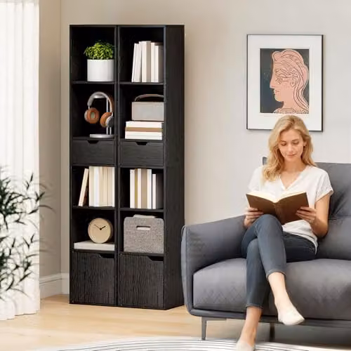 HOMCOM 6-Tier Slim Black Bookcase with Drawer, W/D/H: 30 x 24 x 158 cm – 7