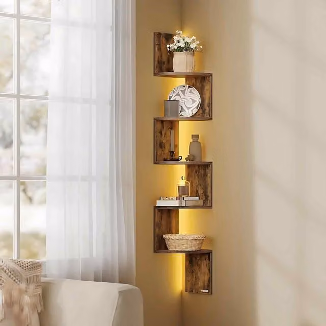The Bazaarist 5 Tier Corner Shelf with RGB LED Lights in Rustic Brown