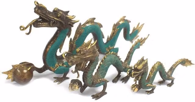 KDMK Oriental Fengshui Brass Dragon with Ball Ornament in Turquoise Metal