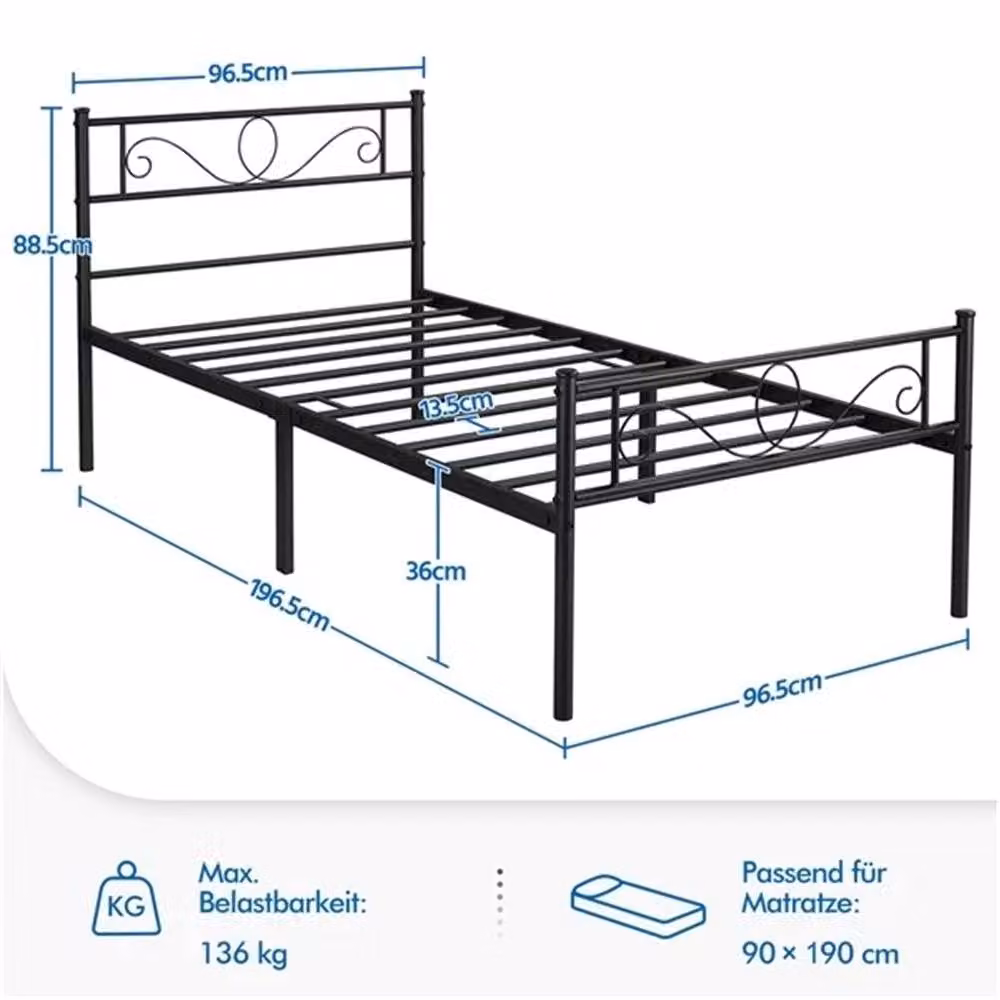 SPETLEK Single Metal Bed Frame with Headboard and Slats, Black, W/D/H: 90 x 190 x 136 cm – 2