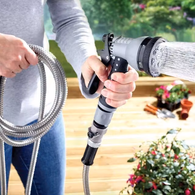 Victor Tools Stainless Steel Garden Hose with Spray Nozzle and Storage Bag, Silver and Multicolour, 30m – 1