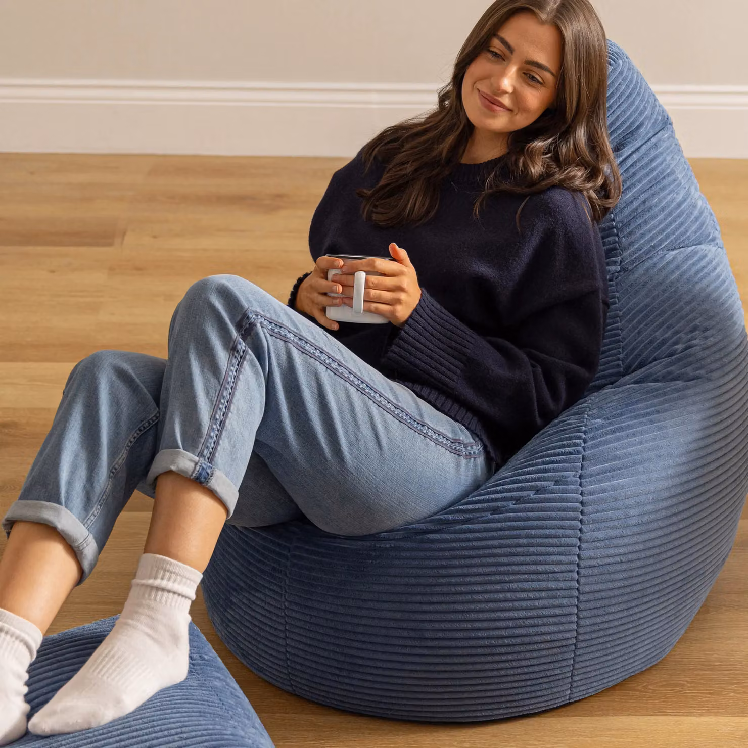 icon Dalton Corduroy Bean Bag and Footstool with Filling in Blue – 3