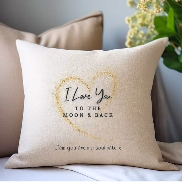 Aye Do Gifts Personalised Love You to the Moon & Back Linen Cushion in Beige and Gold, W/D/H: 40 x 40 x 40 cm