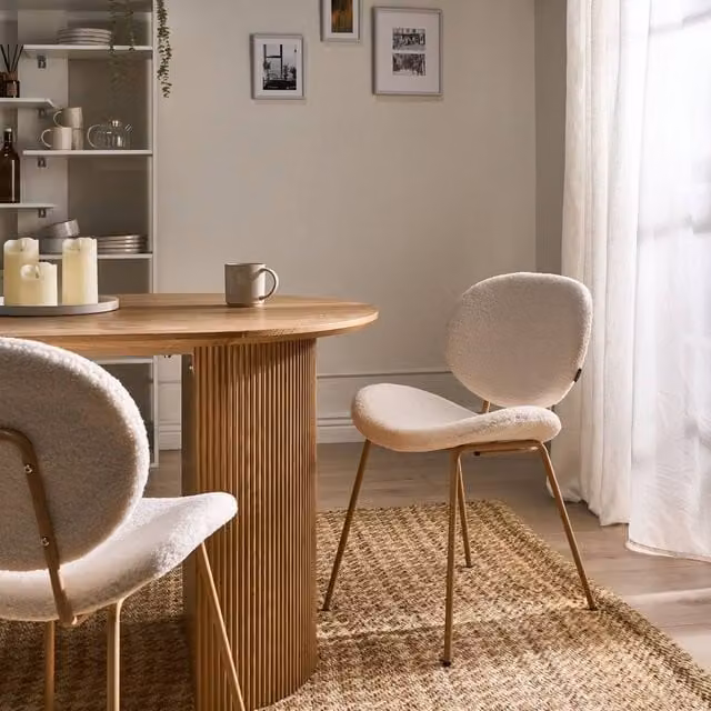 Wyld and Coco Set of 2 White Boucle Armless Dining Chairs with Light Brown Wood Look Legs – 1