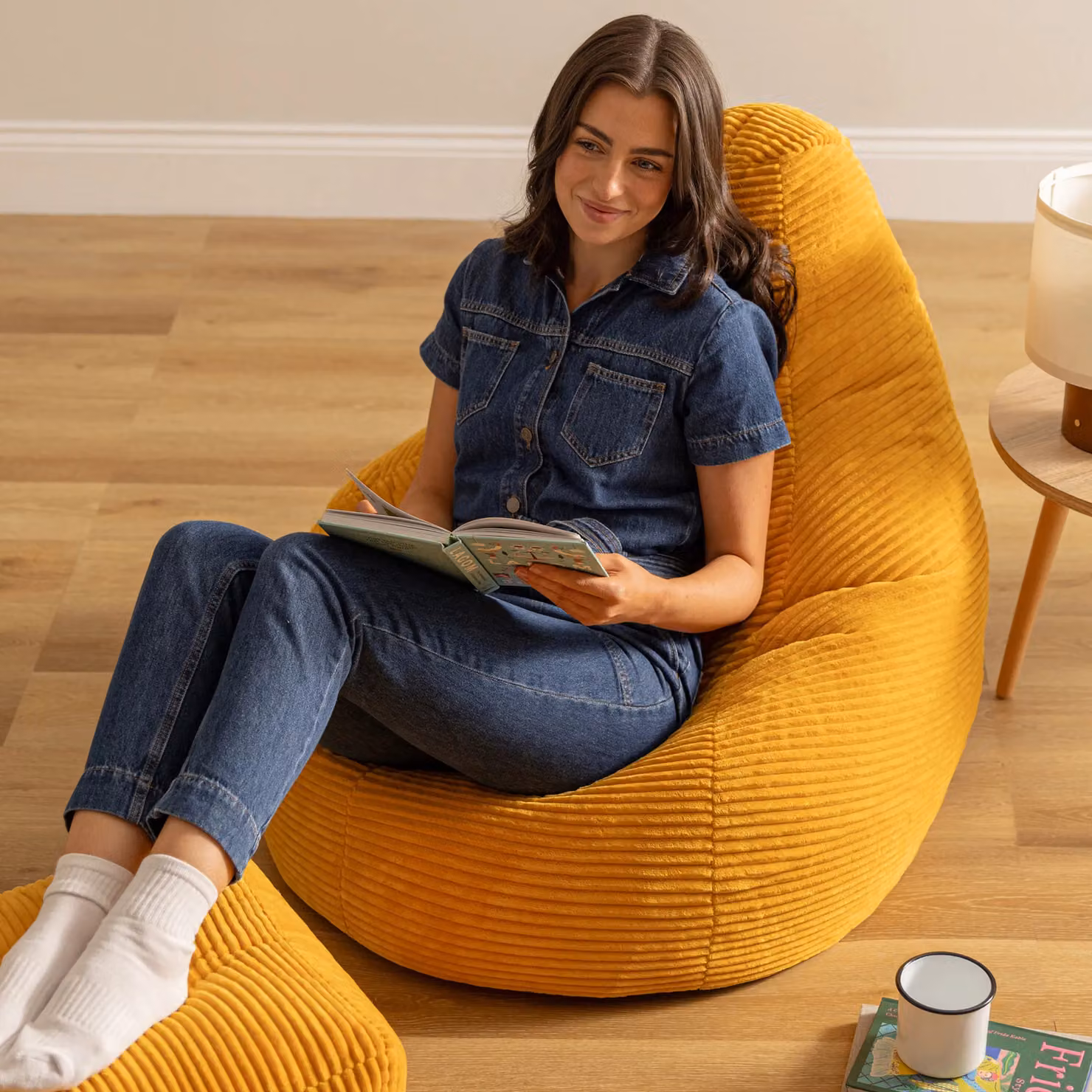 icon Dalton Corduroy Bean Bag and Footstool with Filling in Yellow – 3