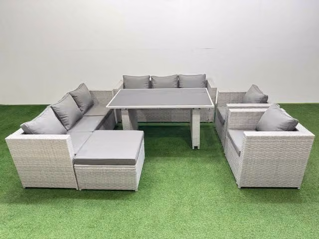 Fimous 9 Seater Outdoor Dining Set with 3 Seater Sofa and Large Stool in Light Grey
