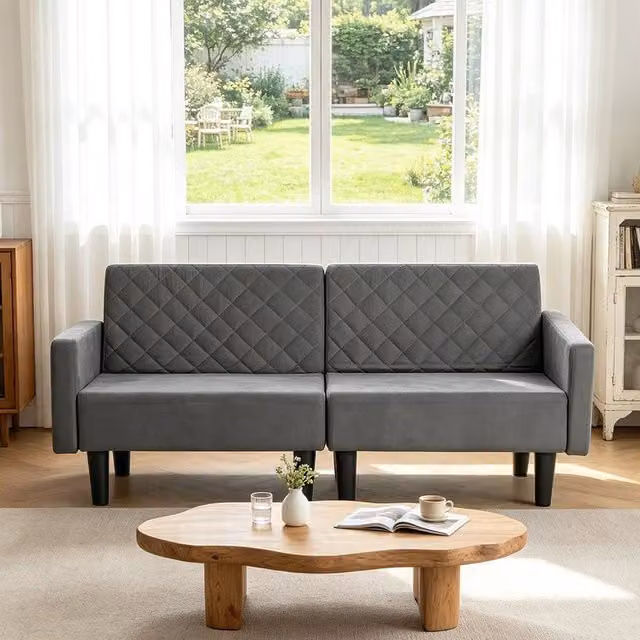 KORVIXA Double Velvet Fabric Sofa Bed Sleeper in Grey, W/D/H: 100 x 100 x 100 cm