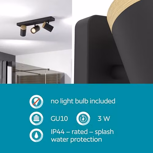 Eglo Consuma 3-Light Modern Ceiling Spotlight for Bathroom and Living Room, Black and Brown Metal and Wood – 5