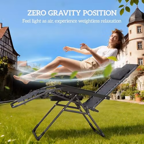 Outsunny Set of 2 Zero Gravity Garden Chairs in Grey with Adjustable Headrest, Side Tray and Cup Holders – 4