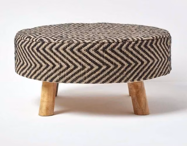 Homescapes Circular Cylindrical Footstool with Black and White Geometric Diamond Pattern – 1
