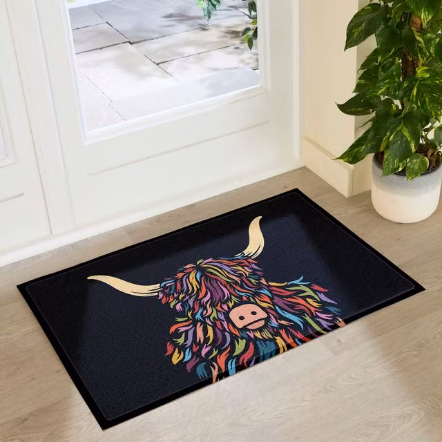 Artsy Mats Highland Cow Colour Indoor Outdoor Doormat, Black and Multicolour, W: 90 cm, D: 60 cm